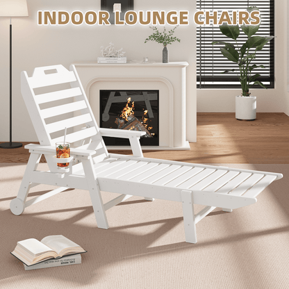 EROMMY 22" W Oversized Chaise Lounge Chairs, Adjustable HDPE Outdoor Chairs with Wheels & Cup Holder, White