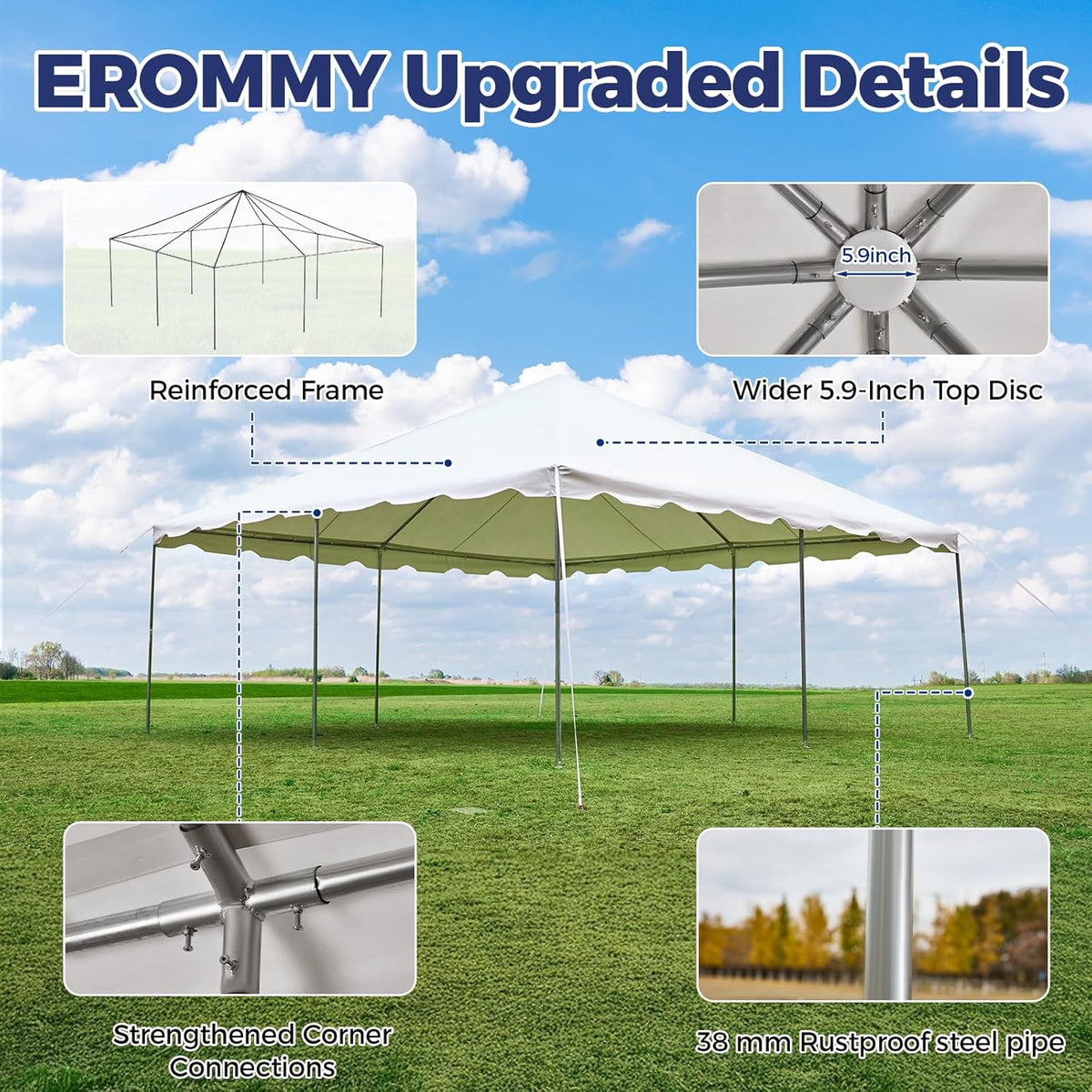 EROMMY 20x20ft Pole Party Tent, Heavy Duty Outdoor Canopy with Carry Bags, Large White Event Tent