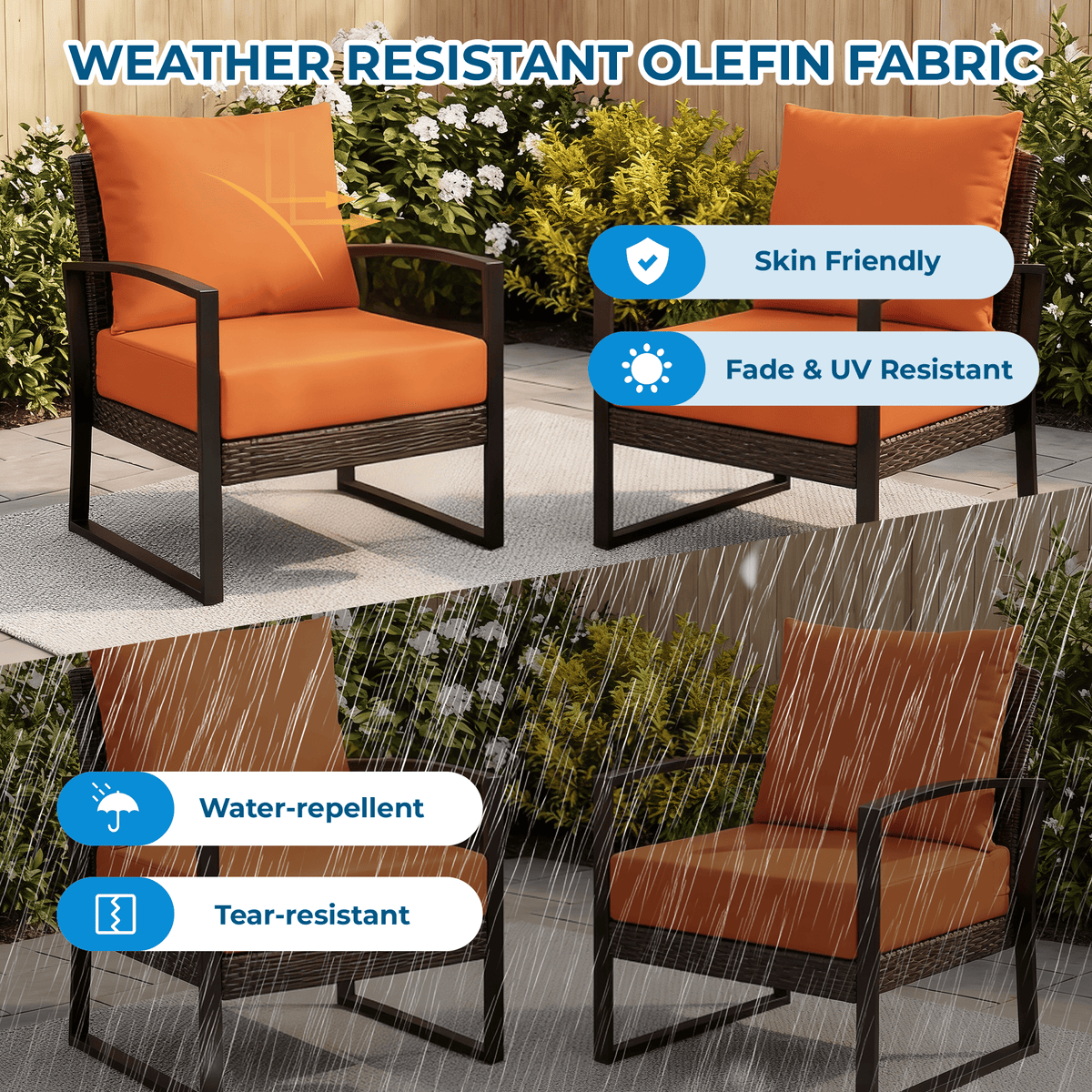 EROMMY Patio Furniture Cushions with Handle and Ties, Waterproof, Fade-resistant Outdoor Couch Cushion, Chair Pads for Dining Chairs, Orange