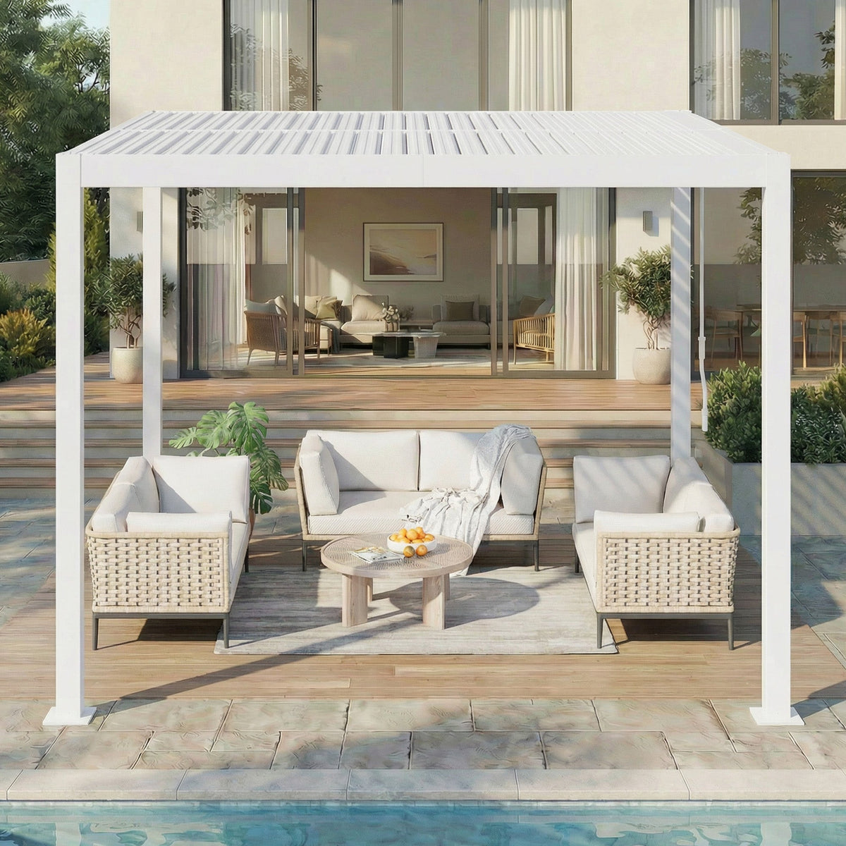 EROMMY 10' x 10' Outdoor Pergola with Adjustable Louvered Roof & Integrated Drainage, White
