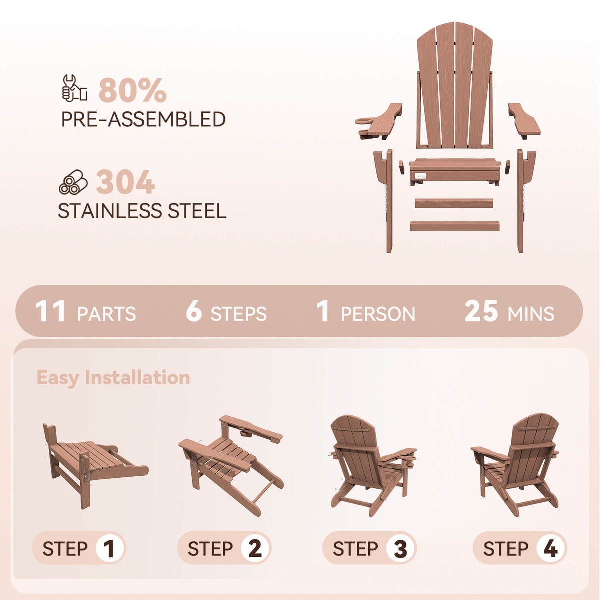 EROMMY 3-Position Adjustable Adirondack Chairs Set of 4, 400LBS HDPE Folding Outdoor Chairs with Cup Holder, Teak