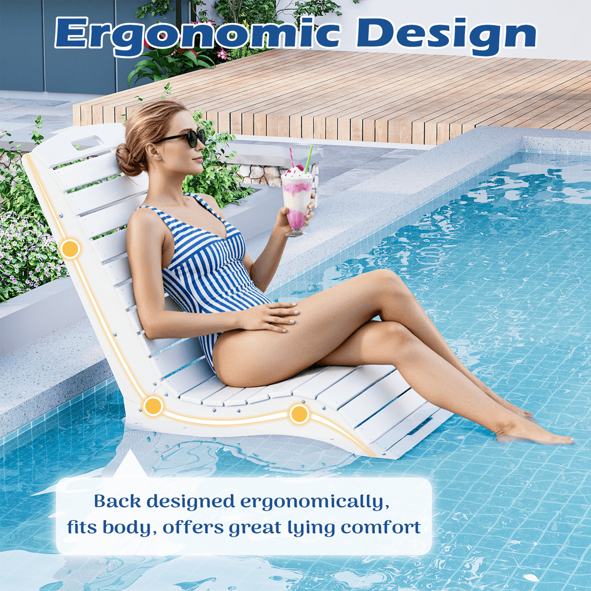EROMMY HDPE Pool Lounge Chairs Set of 2, In-Pool Chaise with Wheels, S-Shaped, White