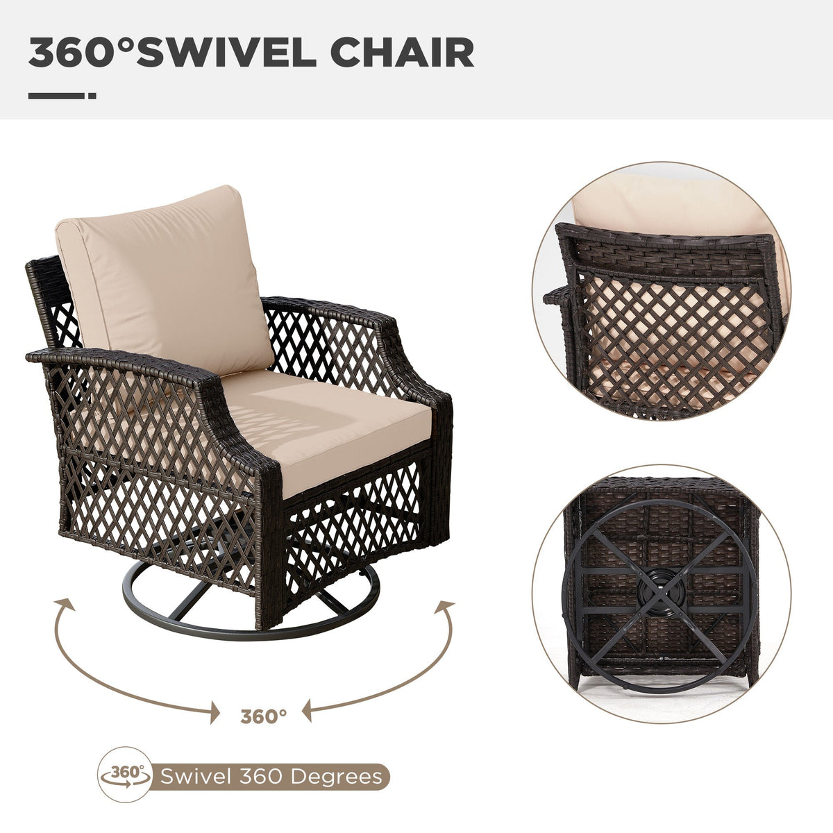 EROMMY 5 Piece Patio Furniture Set, Outdoor Wicker Swivel Chair Set with Ottomans and Side Table (Khaki)