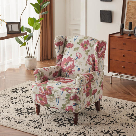 EROMMY 2PCS Fabric Accent Chairs, Modern Upholstered Armchairs, Pink Floral