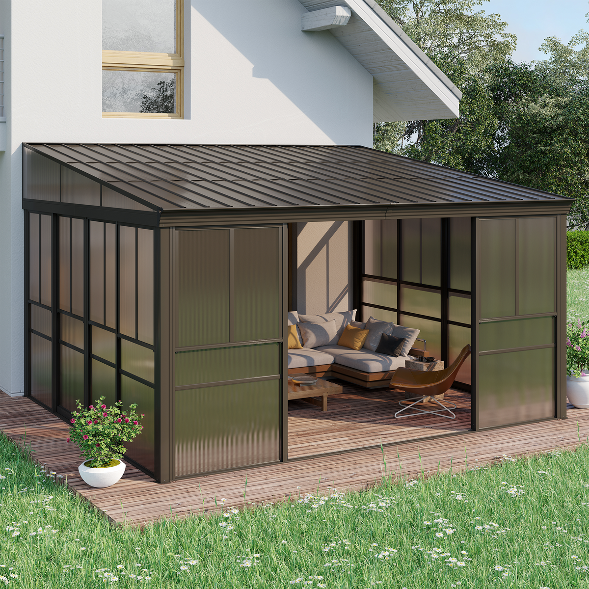 EROMMY 12 x 14 FT Wall-Mounted Gazebo, All-season Aluminum Patio Gazebo With Side Door, Outdoor Permanent Sunroom, Brown