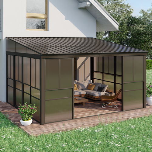 EROMMY 12 x 14 FT Wall-Mounted Gazebo, All-season Aluminum Patio Gazebo With Side Door, Outdoor Permanent Sunroom, Brown