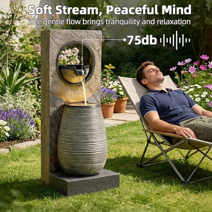 EROMMY 39.7" Water Fountain Outdoor with LED Lights – Resin Garden Fountain for Patio, Poolside, Deck & Indoor Use – Calming Flowing Water Sound for Relaxation – Easy Assembly