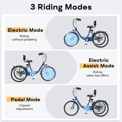 EROMMY Electric Trike for Adults,Peak 500W Brushless Motor, E-Trike with 24" x 2" Tires, Removable Battery, Charger,Step-Thru 3-Wheel Electric Bicycle, Up to 55 Miles Range, 15.5MPH+ Speed, Navy Blue