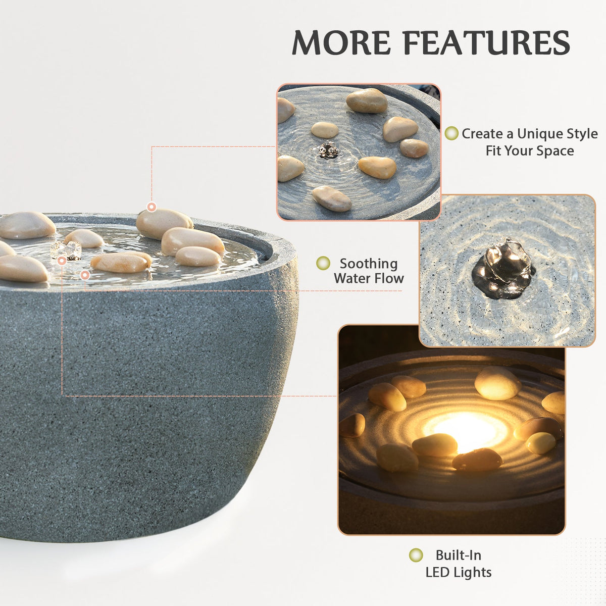 EROMMY 10.6"Tall Outdoor Water Fountain - Resin Garden Water Feature with LED Lights Effect, Gray