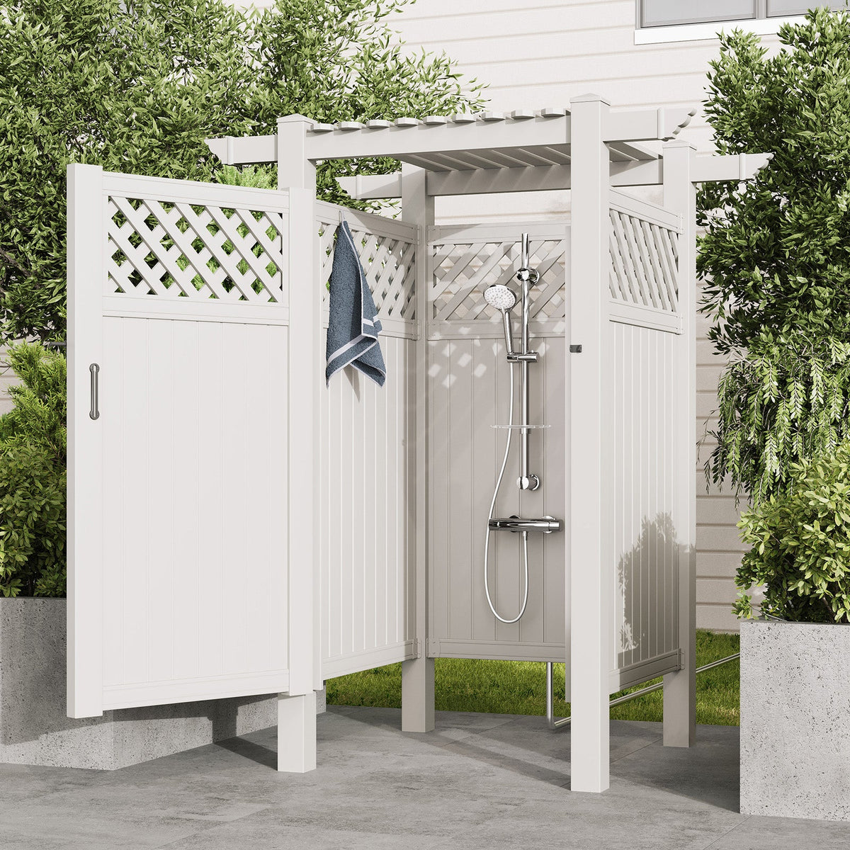 EROMMY 88.5"H x 57.5"W x 47.75"L White PVC Outdoor Shower Enclosure with Door, Weatherproof Privacy Stall for Pool & Beach, Durable Vinyl Construction（Grid-panel with roof）