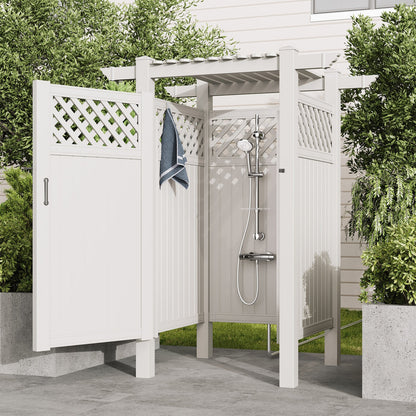 EROMMY 88.5"H x 57.5"W x 47.75"L White PVC Outdoor Shower Enclosure with Door, Weatherproof Privacy Stall for Pool & Beach, Durable Vinyl Construction（Grid-panel with roof）