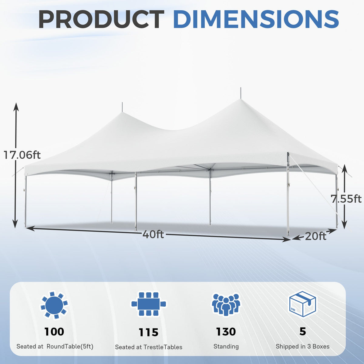 EROMMY 20x40FT Heavy Duty High Peak Party Tent, Outdoor Canopy with PVC Top, Event & Wedding Shelter for 130 People, Commercial Gazebo Carport, White