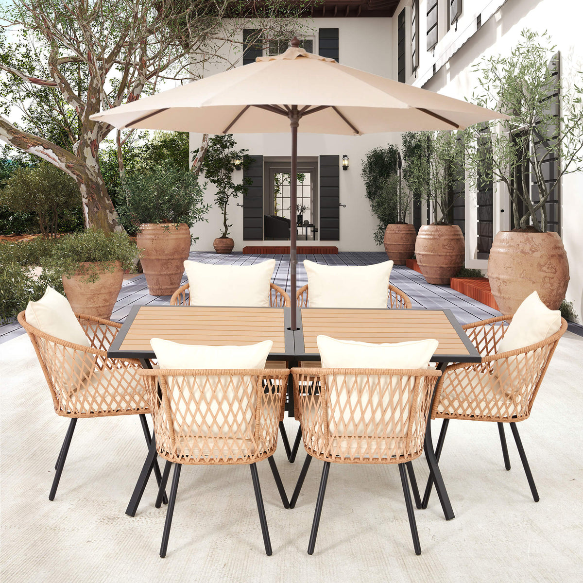 EROMMY 7-Piece Outdoor Dining Set – Rectangular Table with Umbrella Hole & 6 Rattan Chairs, Beige