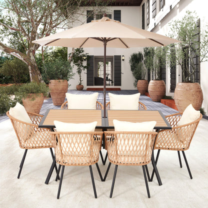 EROMMY 7-Piece Outdoor Dining Set – Rectangular Table with Umbrella Hole & 6 Rattan Chairs, Beige