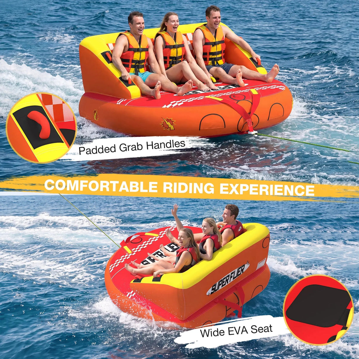 EROMMY 3-Person Towable Tubes for Boating, Front/Back Tow Points Sofa Couch Style Boat Tubes