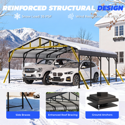 EROMMY 20x20 FT Heavy Duty Metal Carport with Reinforced Steel Braces & Galvanized Steel Roof and Frame, Sturdy Car Shed in All Weathers, Easy Assembly Car Shelter for 2 Cars, SUV, Tractors and Boat