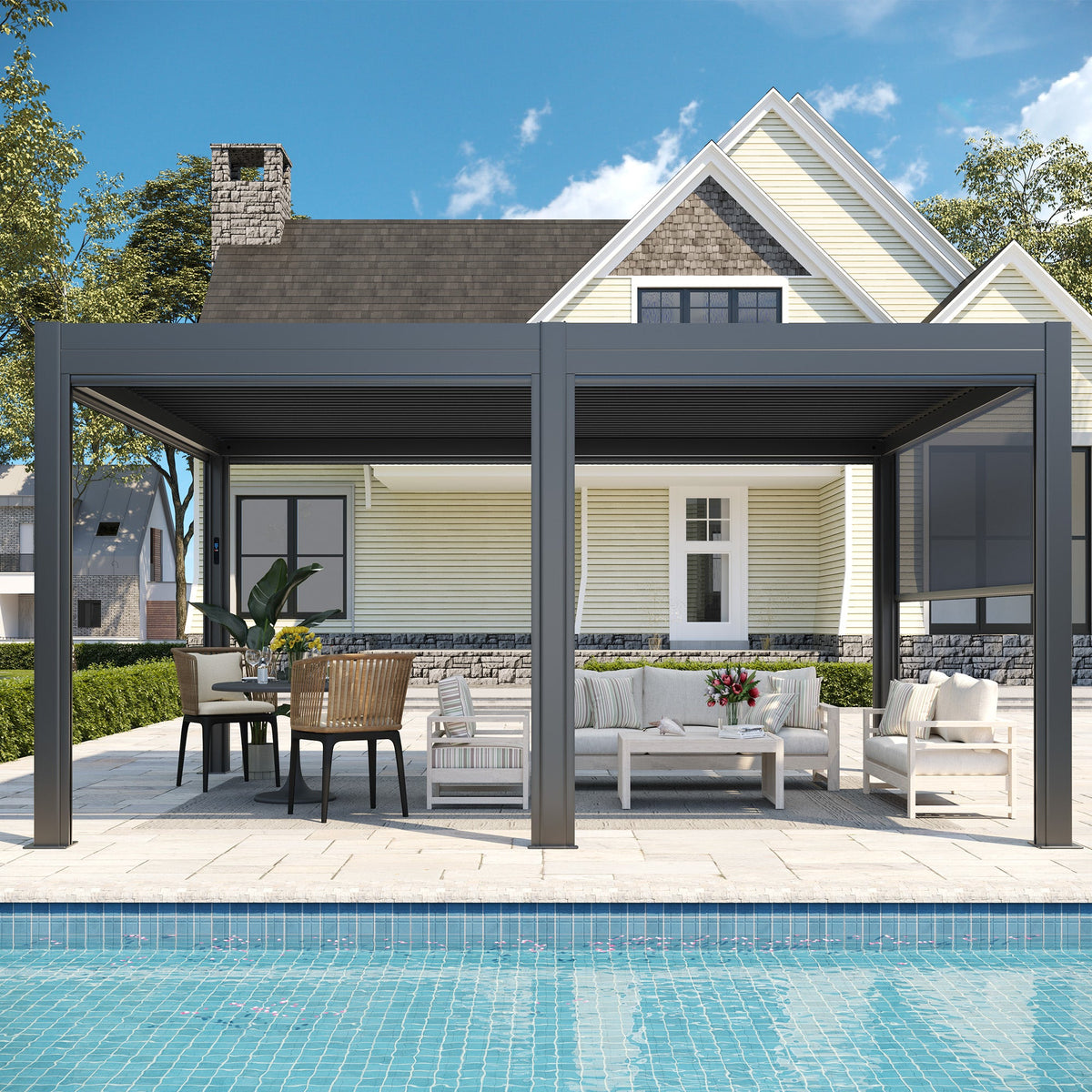 EROMMY 12' x 16' Outdoor Pergola with LED Lights, Aluminum Gazebo with Motorized Louvers & Side Screens for Patio, Backyard & Poolside, Black (Ship Before November)
