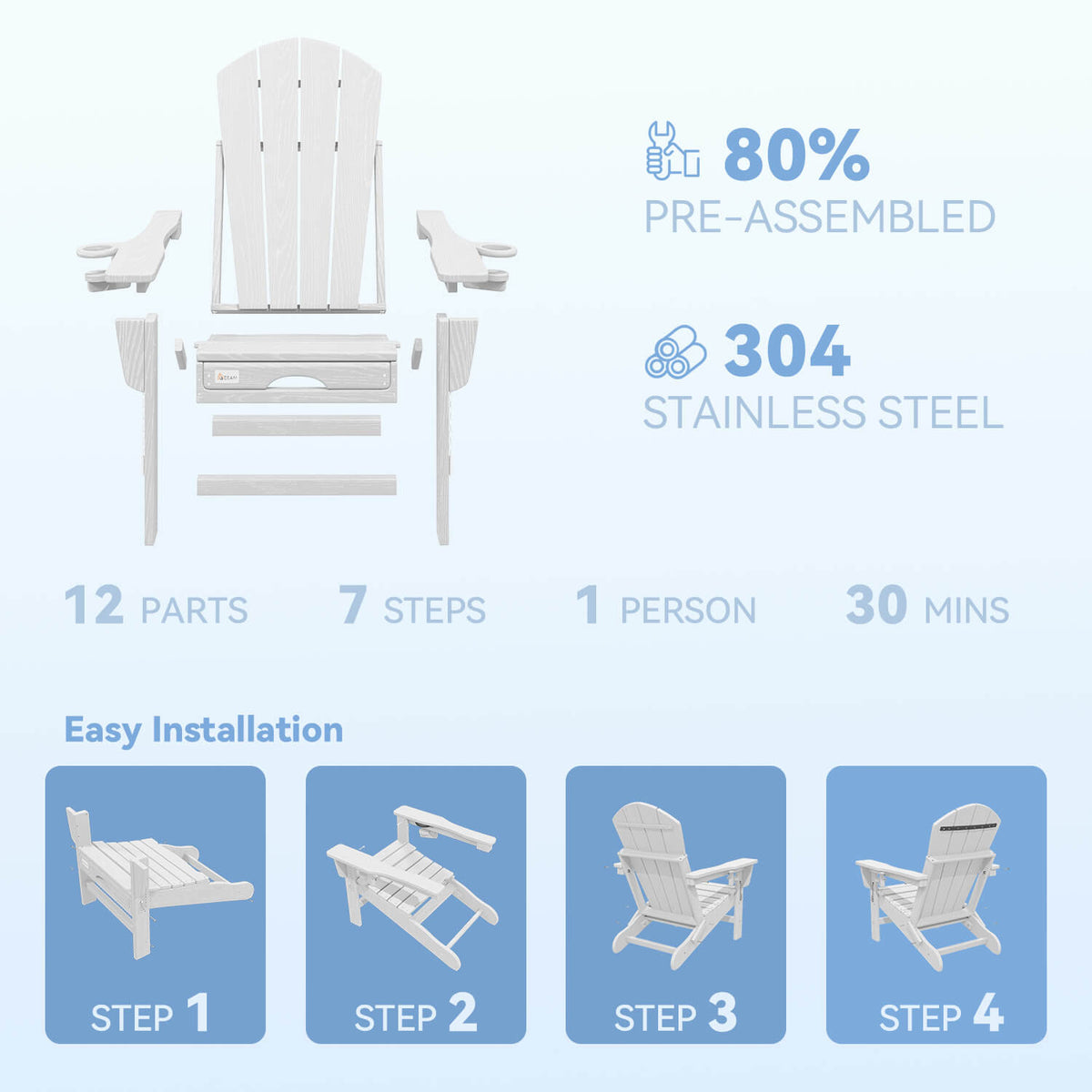 EROMMY 3-Level  Adjustable Adirondack Chair with Retractable Ottoman, Folding HDPE Outdoor Chair with Cup Holders, White