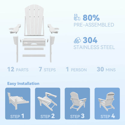 EROMMY 3-Level  Adjustable Adirondack Chair with Retractable Ottoman, Folding HDPE Outdoor Chair with Cup Holders, White