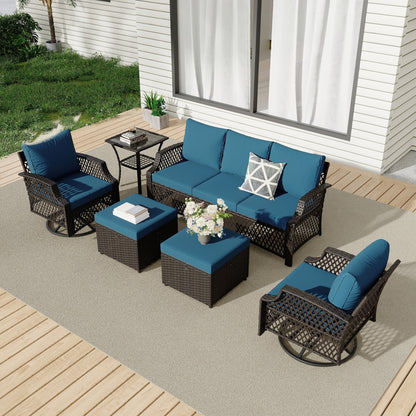 EROMMY 3 Piece Patio Furniture Set, Outdoor Wicker Ottoman & Coffee Table Set, 2 Cushioned Footrests with 1 Patio Side Table (Turquoise)