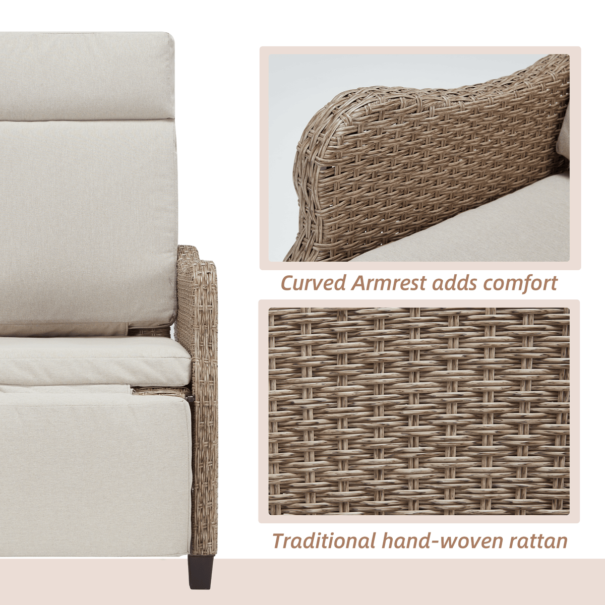 EROMMY Outdoor Wicker Recliner Chair with Footrest, Patio Rattan Armchair, Light Gray
