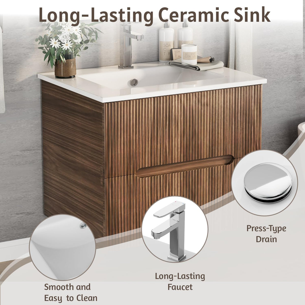 EROMMY 24 Inch Bathroom Vanity with Sink, Floating Bathroom Vanity with Ceramic Basin, Wall Mounted Bathroom Sink Cabinet Set with Soft-Close 2 Drawers, Faucet & Pop Up Drain, Walnut
