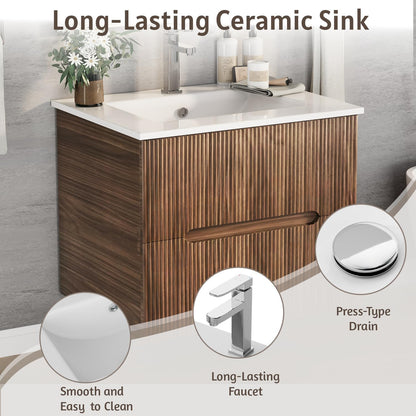 EROMMY 24 Inch Bathroom Vanity with Sink, Floating Bathroom Vanity with Ceramic Basin, Wall Mounted Bathroom Sink Cabinet Set with Soft-Close 2 Drawers, Faucet & Pop Up Drain, Walnut