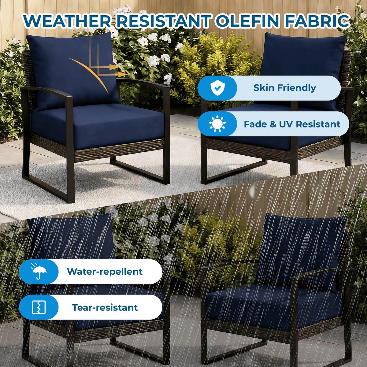 EROMMY Patio Furniture Cushions with Handle and Ties, Waterproof, Fade-resistant Outdoor Couch Cushion, Chair Pads for Dining Chairs, Navy blue