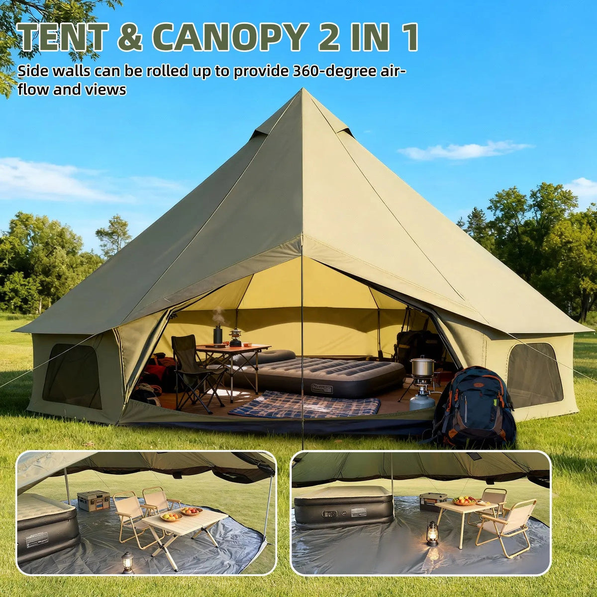 EROMMY Bell Tent for Family Camping, 9.8 FT Yurt Tent with Stove Jack, 4 Season Oxford Tents for Outdoor Party, Hot Tent Shelter Fits 3-4 People