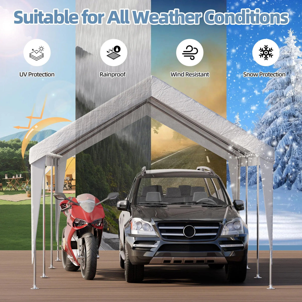 EROMMY Carports 12x20 heavy duty, Rainproof & UV Protected Garage Top Tarp Shelter Cover, Outdoor Portable Garage for Car, Boat Tent, White