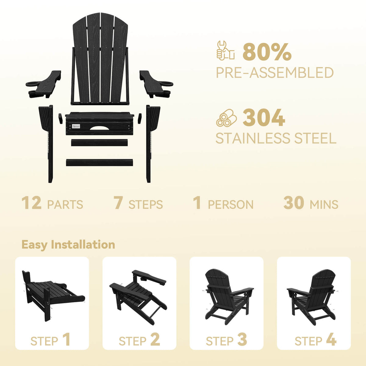 EROMMY 3-Level  Adjustable Adirondack Chair with Retractable Ottoman, Folding HDPE Outdoor Chair with Cup Holders, Black