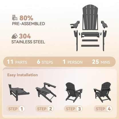 EROMMY 3-Position Adjustable Adirondack Chair, 400LBS HDPE Folding Outdoor Chair with Cup Holder, Gray