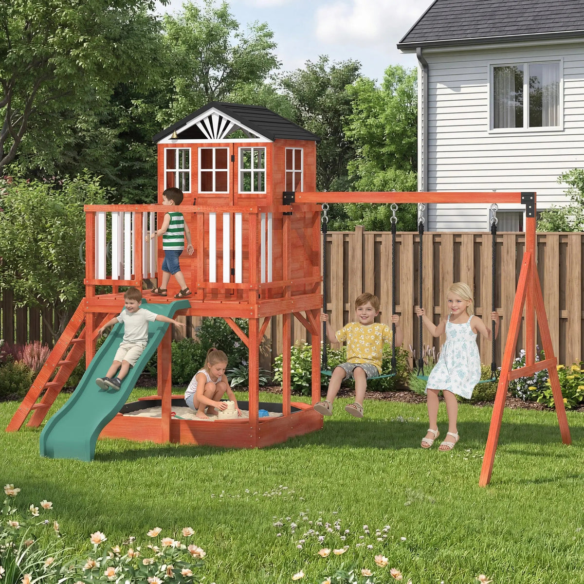 EROMMY Kids Outdoor Wooden Swing Set with Elevated Playhouse, Wave Slide, Belt Swings and Sandbox