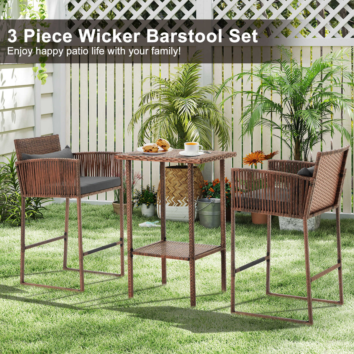 EROMMY 3-Piece Patio Wicker Bar Set, Rattan Bar Table & Stools with Cushion Covers (Blue/Gray)