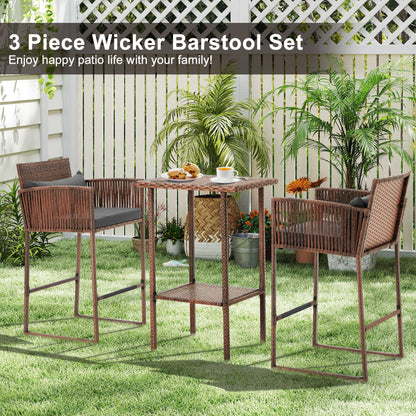 EROMMY 3-Piece Patio Wicker Bar Set, Rattan Bar Table & Stools with Cushion Covers (Blue/Gray)