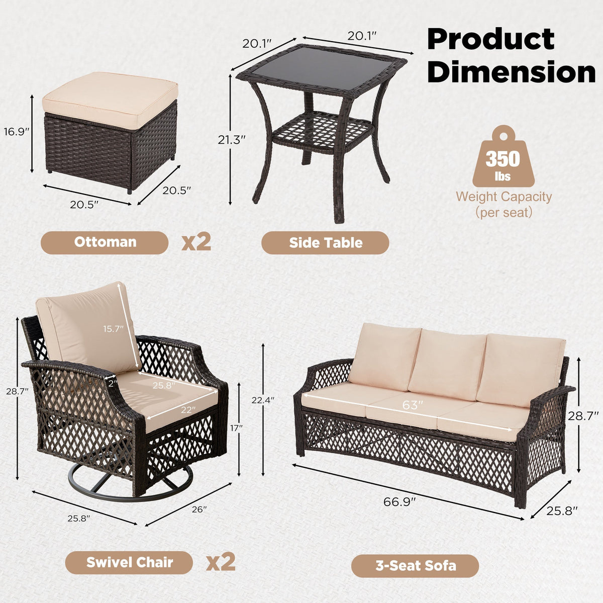 EROMMY 5 Piece Patio Furniture Set, Outdoor Wicker Swivel Chair Set with Ottomans and Side Table (Khaki)