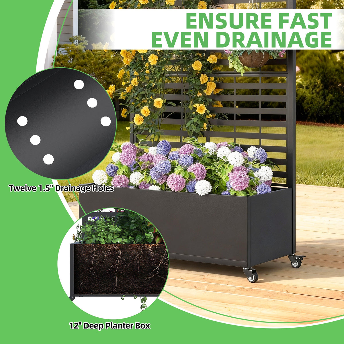 EROMMY Metal Planter Box with Trellis, 73"x 35"x 16" Raised Garden Bed with Wheels and Drainage Holes, Planter with Trellis for Garden, Balcony and Patio, Black Louvered