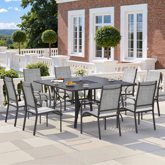 EROMMY 9 Piece Patio Dining Set, Outdoor Dining Table And Chairs Set For 8, 8 PVC-coated polyester Chairs, 1 Iron Square Table With Adjustable Umbrella Hole (1.57"-1.97"), Gray