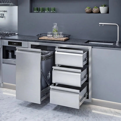 EROMMY Outdoor Kitchen Drawer and Trash Bin Combo - 28"Wx20"Dx23"H Built-in 304 Stainless Steel Cabinet with Triple Drawers & Pull-Out Trash Drawer, Silver
