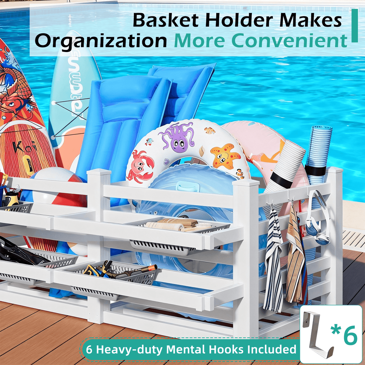 EROMMY 64" W x 92" L x 38" H Extra Large Pool Storage Organizer with Hooks, Waterproof Float Storage Bin, White