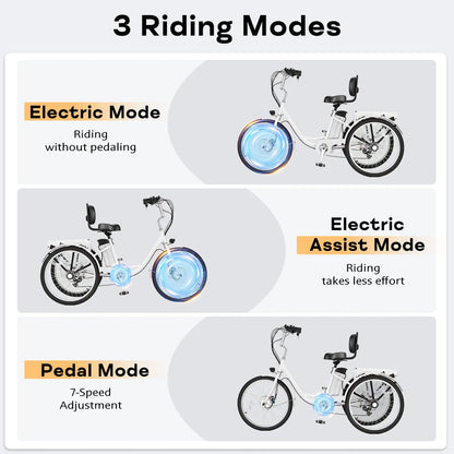 EROMMY Electric Trike for Adults,Peak 500W Brushless Motor, E-Trike with 24" x 2" Tires, Removable Battery, Charger,Step-Thru 3-Wheel Electric Bicycle, Up to 55 Miles Range, 15.5MPH+ Speed, White