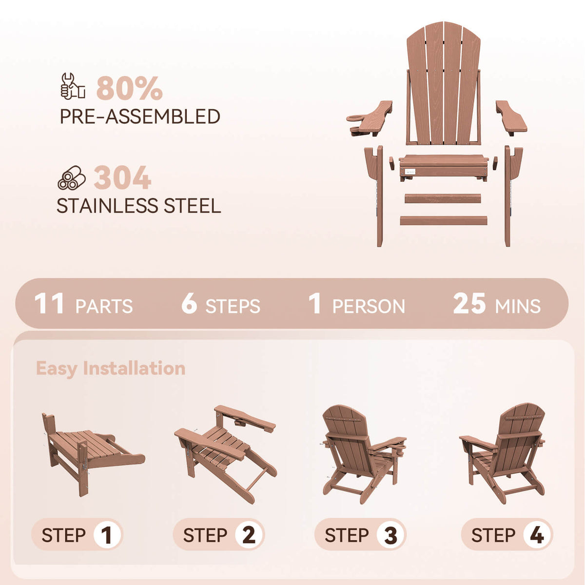 EROMMY 3-Position Adjustable Adirondack Chairs Set of 2, 400LBS HDPE Folding Outdoor Chairs with Cup Holder, Teak