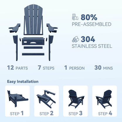 EROMMY 3-Level  Adjustable Adirondack Chair with Retractable Ottoman, Folding HDPE Outdoor Chair with Cup Holders, Navy Blue