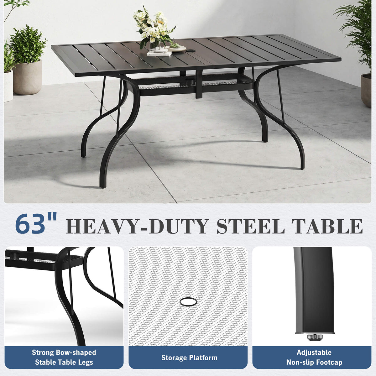 EROMMY 7-Piece Outdoor Patio Dining Set for 6, Rectangular Metal Table with Umbrella Hole & Stackable Chairs