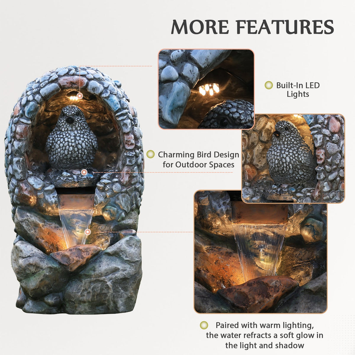EROMMY Outdoor Water Fountain - Rock-Hollow Bird Outdoor Waterfall Fountain with LED Lights Effect for Patio Deck Yard Home, Gray
