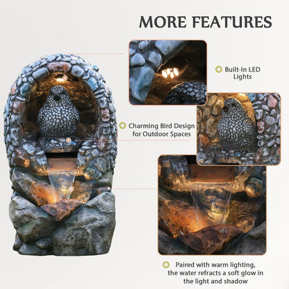 EROMMY Outdoor Water Fountain - Rock-Hollow Bird Outdoor Waterfall Fountain with LED Lights Effect for Patio Deck Yard Home, Gray