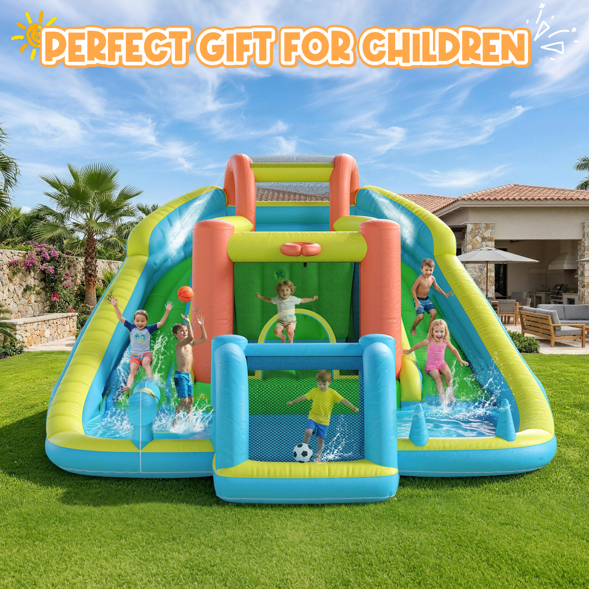 EROMMY Inflatable Bounce House with Double Slide, Bouncy Castle for Kids 3-12 with Blower, Water Cannon, Football Net, Jumping, Climbing Wall, Basketball Hoop, Backyard Water Park for Kids