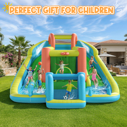 EROMMY Inflatable Bounce House with Double Slide, Bouncy Castle for Kids 3-12 with Blower, Water Cannon, Football Net, Jumping, Climbing Wall, Basketball Hoop, Backyard Water Park for Kids