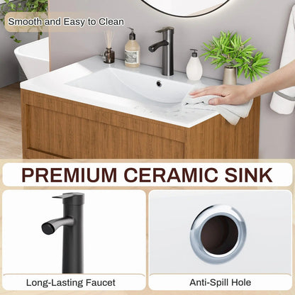 EROMMY 30 Inch Bathroom Vanity with Sink, Floating Bathroom Vanity with 2 Large Storage Drawers, Wood Grain Wall Mounted Bathroom Cabinet, Walnut