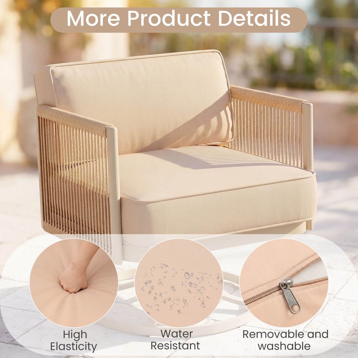 EROMMY 5 Seats Patio Furniture Set,Outdoor Swivel Glider Rocking Chairs with 6" Thick Cushions, 3-seat & Coffee Table, Beige